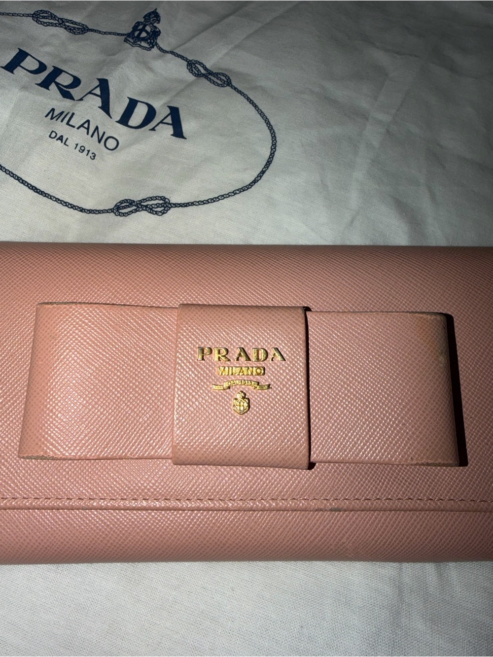 Prada Pink Saffiano Bow Continental Wallet with Gold Logo
